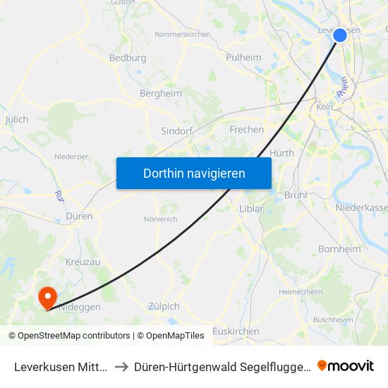 Leverkusen Mitte Bf to Düren-Hürtgenwald Segelfluggelände map