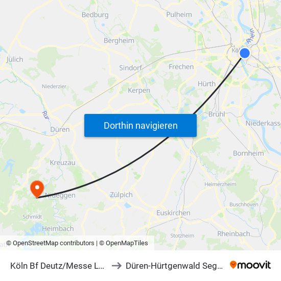 Köln Bf Deutz/Messe Lanxess Arena to Düren-Hürtgenwald Segelfluggelände map