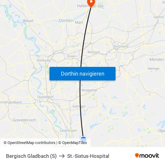 Bergisch Gladbach (S) to St.-Sixtus-Hospital map