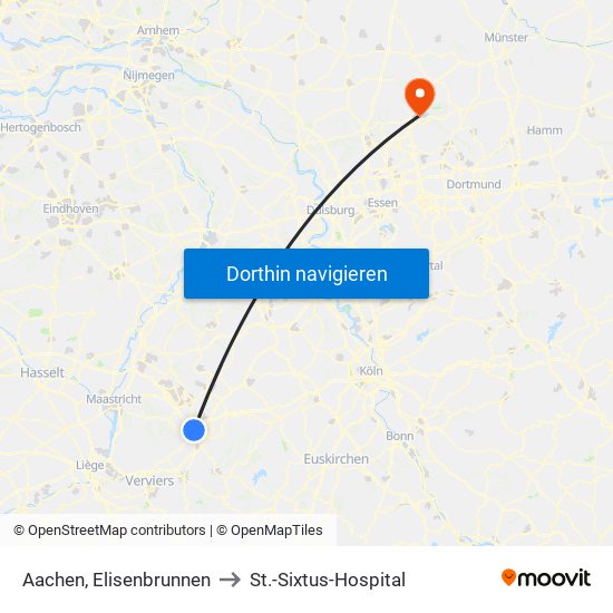 Aachen, Elisenbrunnen to St.-Sixtus-Hospital map