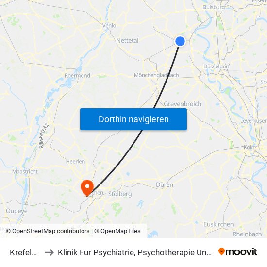 Krefeld Hbf to Klinik Für Psychiatrie, Psychotherapie Und Psychosomatik map