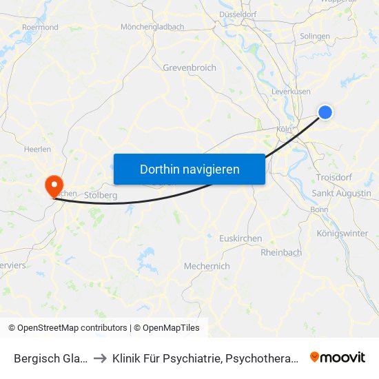 Bergisch Gladbach (S) to Klinik Für Psychiatrie, Psychotherapie Und Psychosomatik map