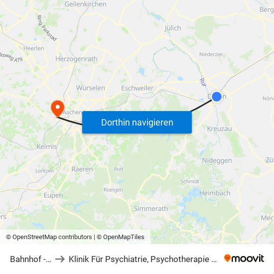 Bahnhof - Düren to Klinik Für Psychiatrie, Psychotherapie Und Psychosomatik map