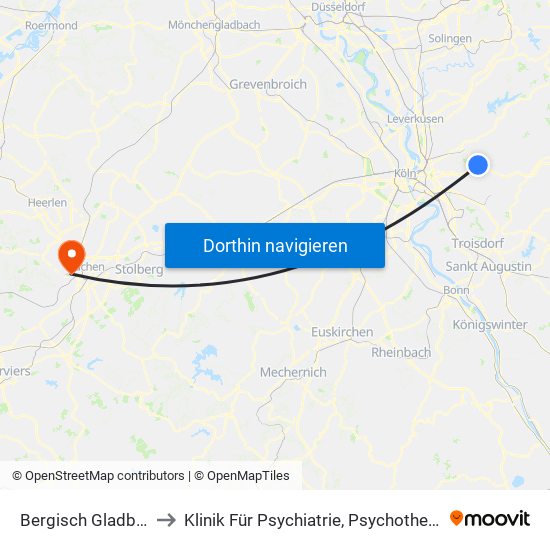 Bergisch Gladbach Bensberg to Klinik Für Psychiatrie, Psychotherapie Und Psychosomatik map