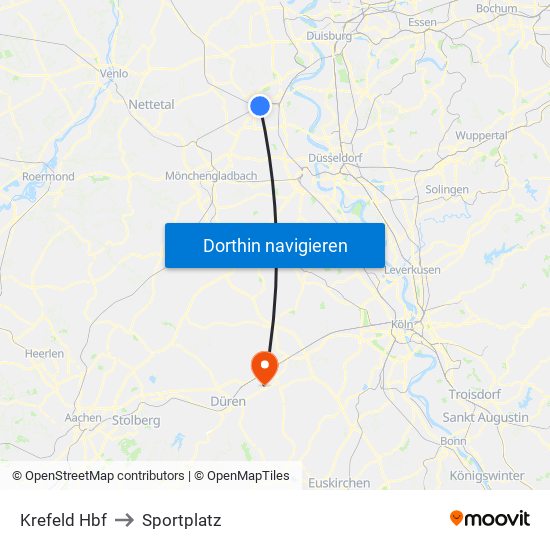 Krefeld Hbf to Sportplatz map