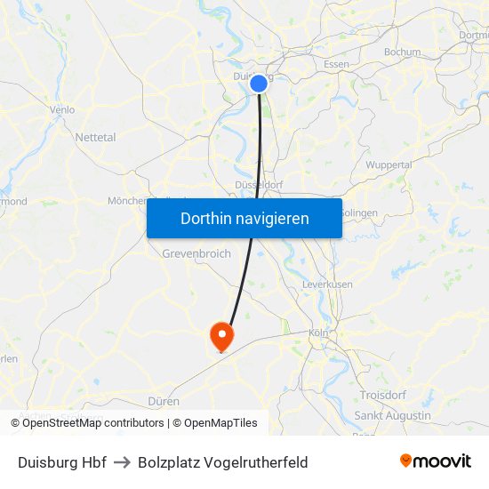 Duisburg Hbf to Bolzplatz Vogelrutherfeld map