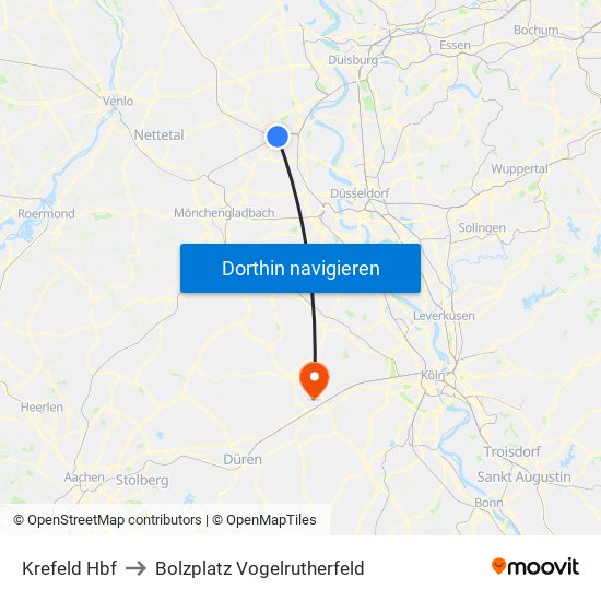 Krefeld Hbf to Bolzplatz Vogelrutherfeld map