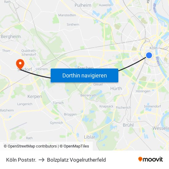 Köln Poststr. to Bolzplatz Vogelrutherfeld map
