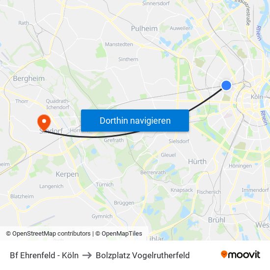 Bf Ehrenfeld - Köln to Bolzplatz Vogelrutherfeld map