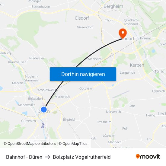 Bahnhof - Düren to Bolzplatz Vogelrutherfeld map