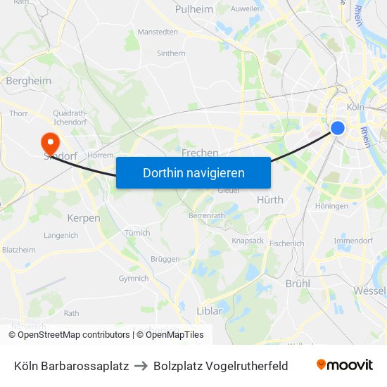 Köln Barbarossaplatz to Bolzplatz Vogelrutherfeld map