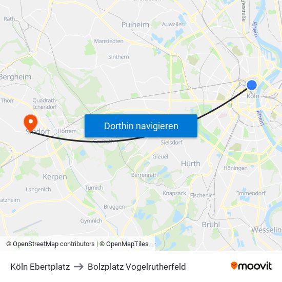 Köln Ebertplatz to Bolzplatz Vogelrutherfeld map