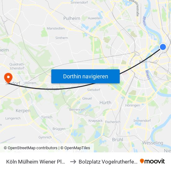 Köln Mülheim Wiener Platz to Bolzplatz Vogelrutherfeld map