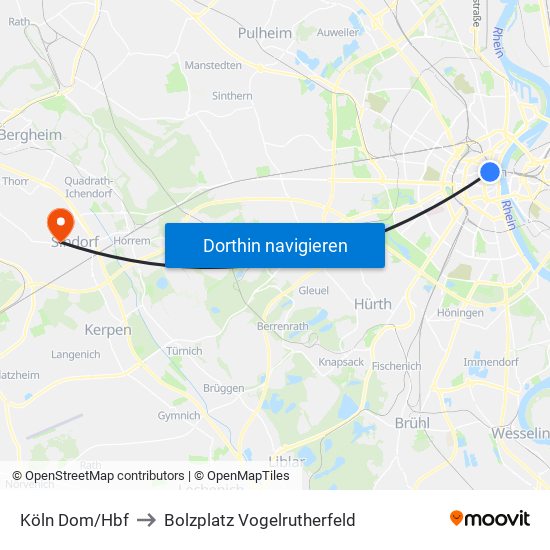 Köln Dom/Hbf to Bolzplatz Vogelrutherfeld map