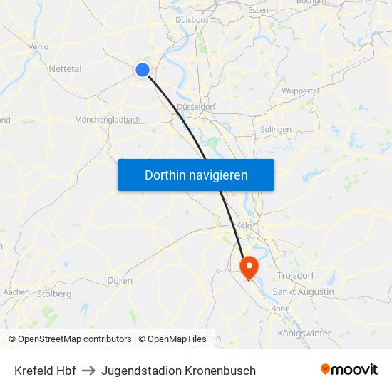 Krefeld Hbf to Jugendstadion Kronenbusch map