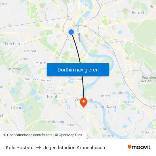 Köln Poststr. to Jugendstadion Kronenbusch map