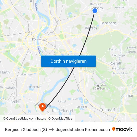 Bergisch Gladbach (S) to Jugendstadion Kronenbusch map