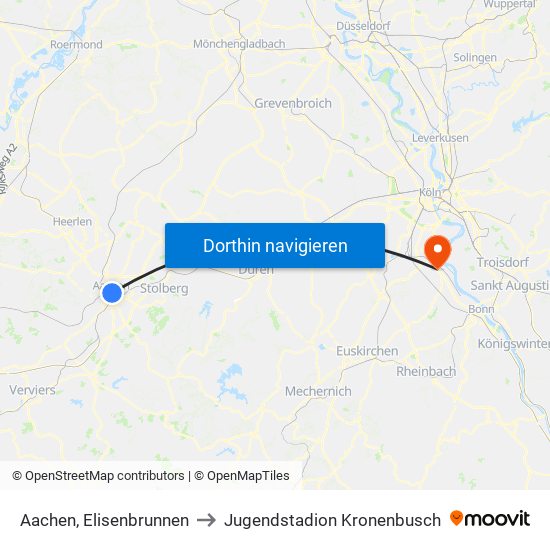 Aachen, Elisenbrunnen to Jugendstadion Kronenbusch map