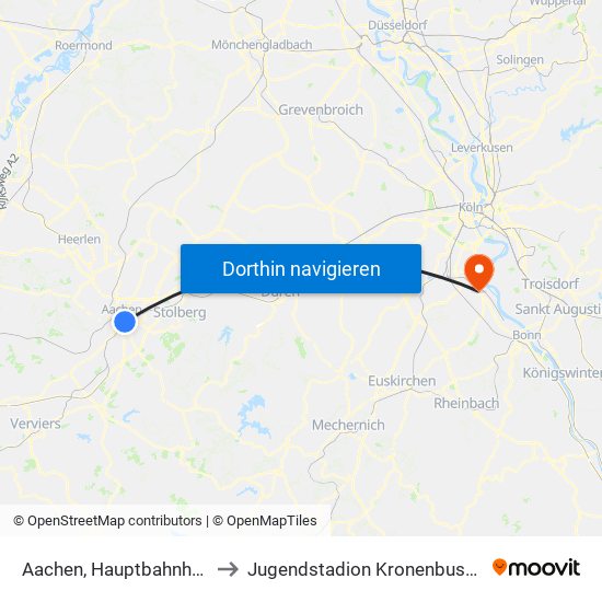 Aachen, Hauptbahnhof to Jugendstadion Kronenbusch map