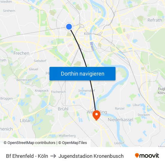 Bf Ehrenfeld - Köln to Jugendstadion Kronenbusch map