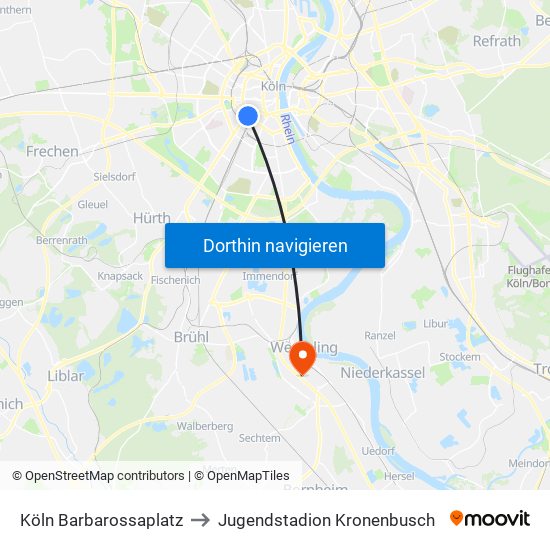 Köln Barbarossaplatz to Jugendstadion Kronenbusch map