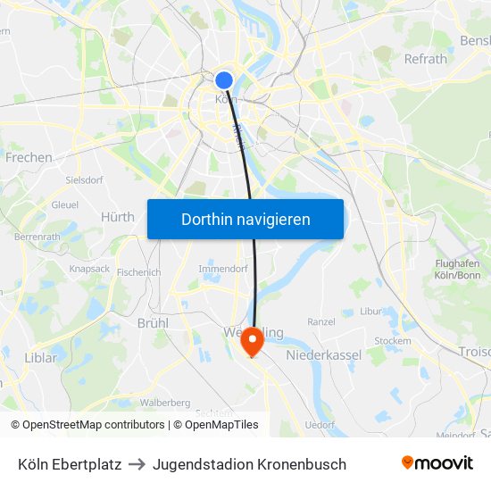 Köln Ebertplatz to Jugendstadion Kronenbusch map