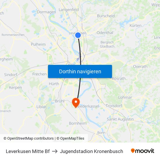 Leverkusen Mitte Bf to Jugendstadion Kronenbusch map