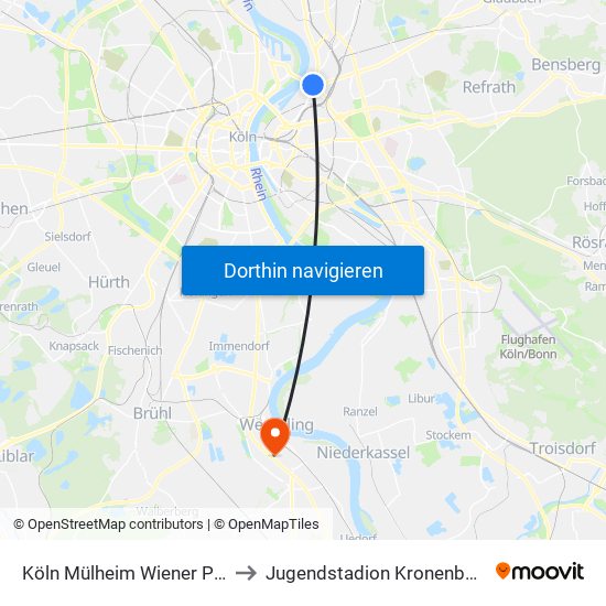 Köln Mülheim Wiener Platz to Jugendstadion Kronenbusch map