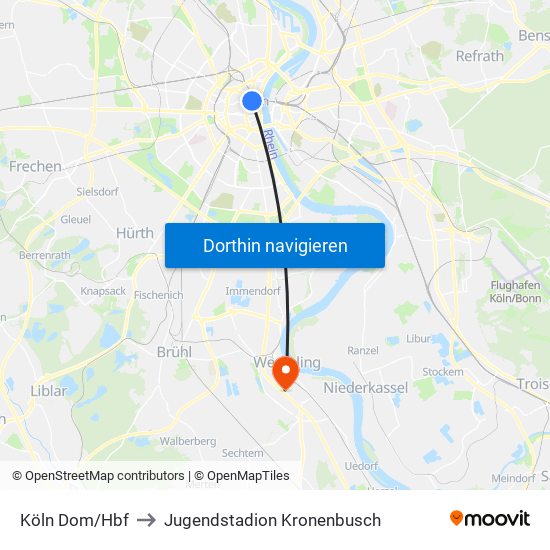 Köln Dom/Hbf to Jugendstadion Kronenbusch map