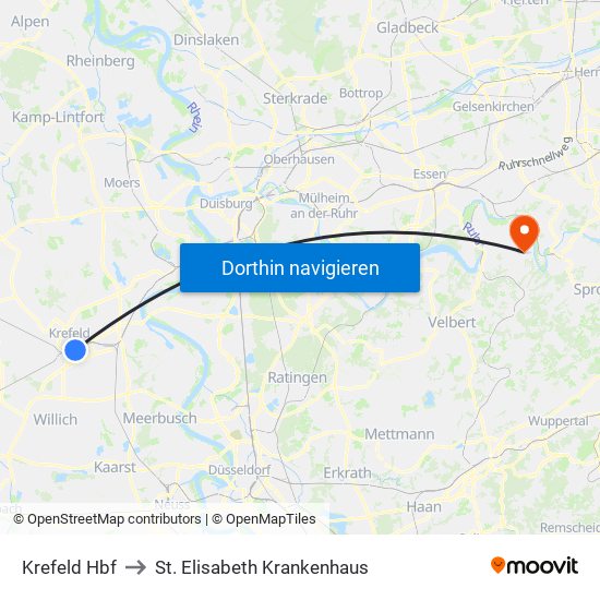 Krefeld Hbf to St. Elisabeth Krankenhaus map