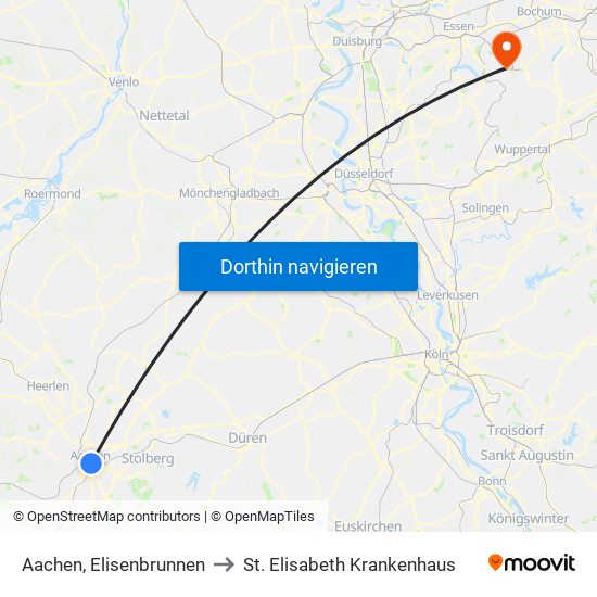 Aachen, Elisenbrunnen to St. Elisabeth Krankenhaus map