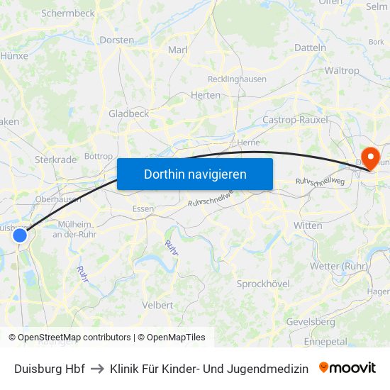 Duisburg Hbf to Klinik Für Kinder- Und Jugendmedizin map