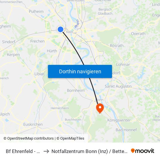 Bf Ehrenfeld - Köln to Notfallzentrum Bonn (Inz) / Bettenhaus I map