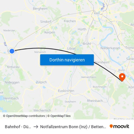 Bahnhof - Düren to Notfallzentrum Bonn (Inz) / Bettenhaus I map