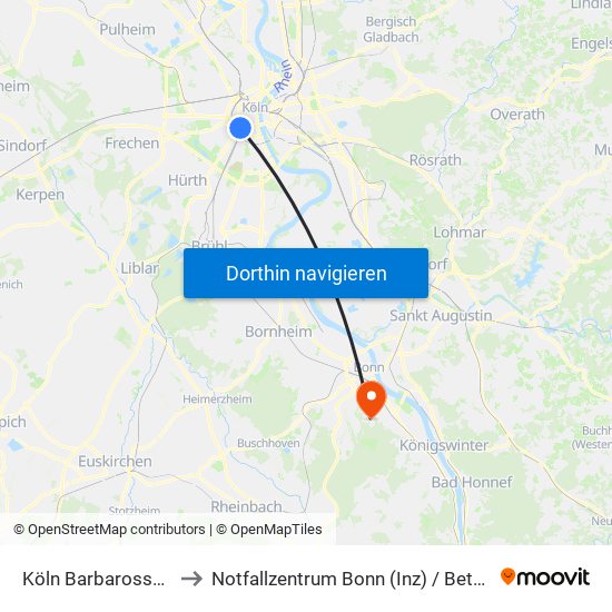 Köln Barbarossaplatz to Notfallzentrum Bonn (Inz) / Bettenhaus I map