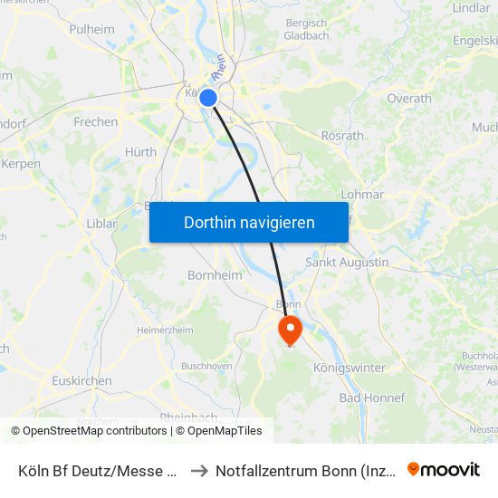 Köln Bf Deutz/Messe Lanxess Arena to Notfallzentrum Bonn (Inz) / Bettenhaus I map