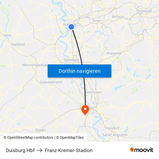 Duisburg Hbf to Franz-Kremer-Stadion map