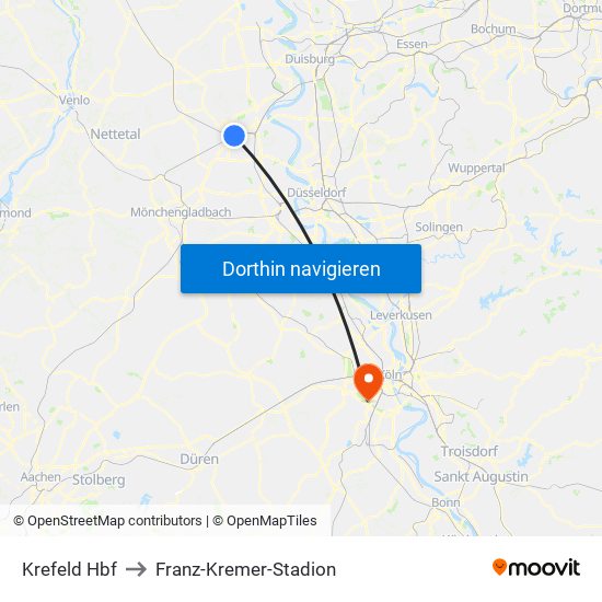 Krefeld Hbf to Franz-Kremer-Stadion map