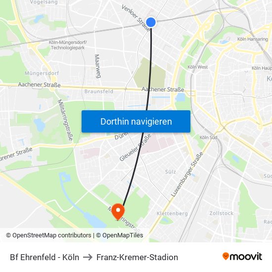 Bf Ehrenfeld - Köln to Franz-Kremer-Stadion map