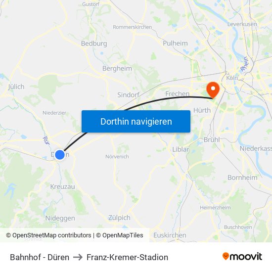 Bahnhof - Düren to Franz-Kremer-Stadion map