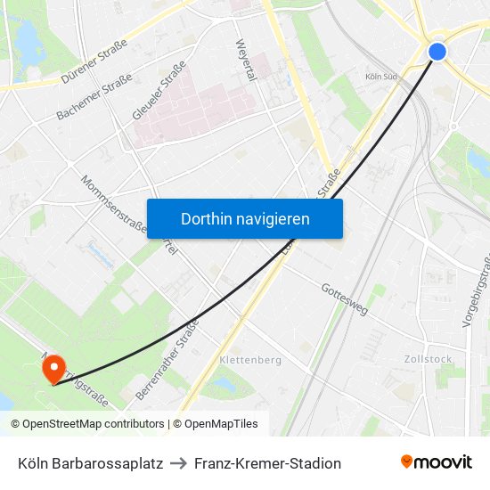 Köln Barbarossaplatz to Franz-Kremer-Stadion map