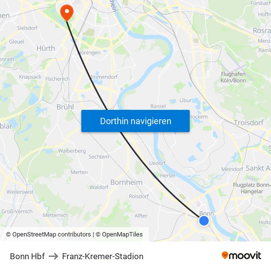 Bonn Hbf to Franz-Kremer-Stadion map