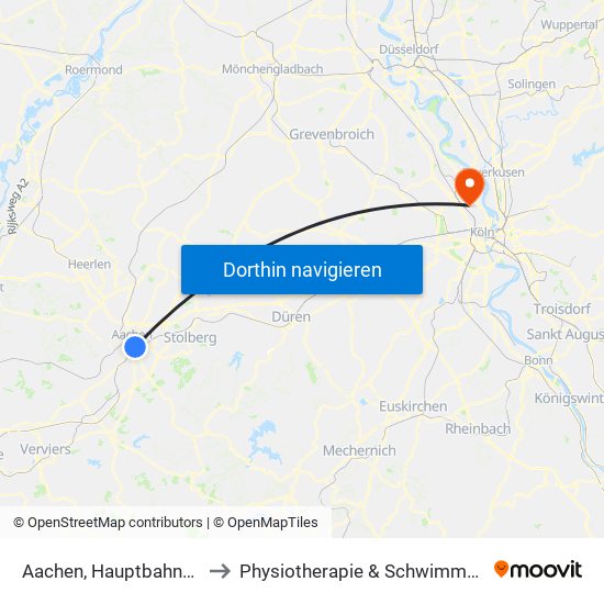 Aachen, Hauptbahnhof to Physiotherapie & Schwimmbad map