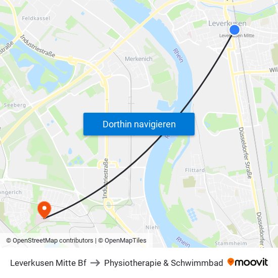 Leverkusen Mitte Bf to Physiotherapie & Schwimmbad map