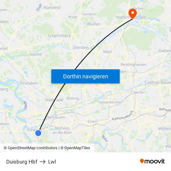 Duisburg Hbf to Lwl map