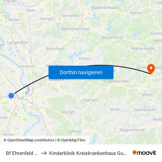 Bf Ehrenfeld - Köln to Kinderklinik Kreiskrankenhaus Gummersbach map