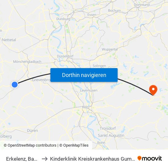 Erkelenz, Bahnhof to Kinderklinik Kreiskrankenhaus Gummersbach map