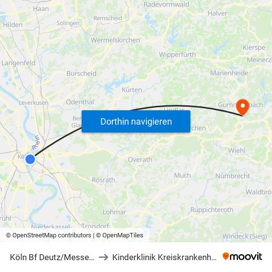 Köln Bf Deutz/Messe Lanxess Arena to Kinderklinik Kreiskrankenhaus Gummersbach map