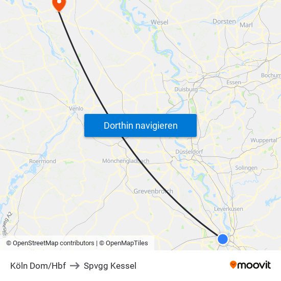 Köln Dom/Hbf to Spvgg Kessel map