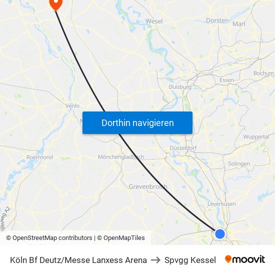 Köln Bf Deutz/Messe Lanxess Arena to Spvgg Kessel map